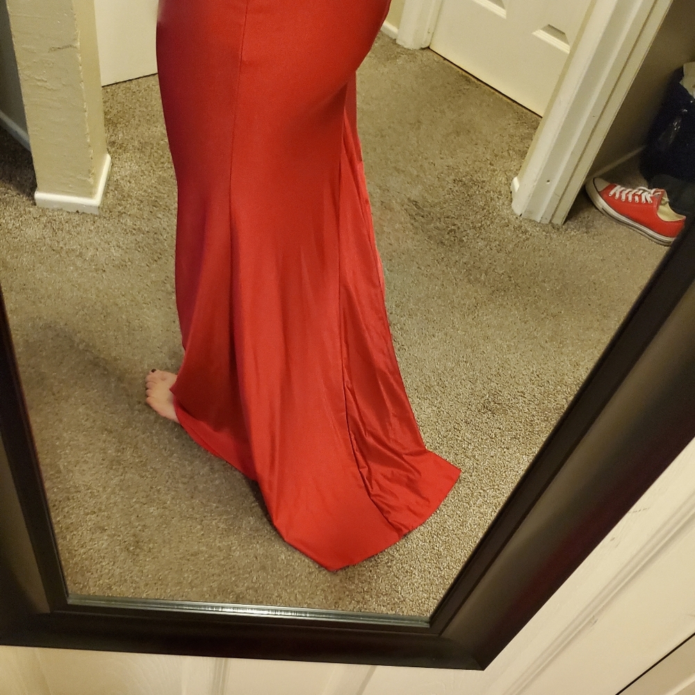 Red plunging neck open back dress
